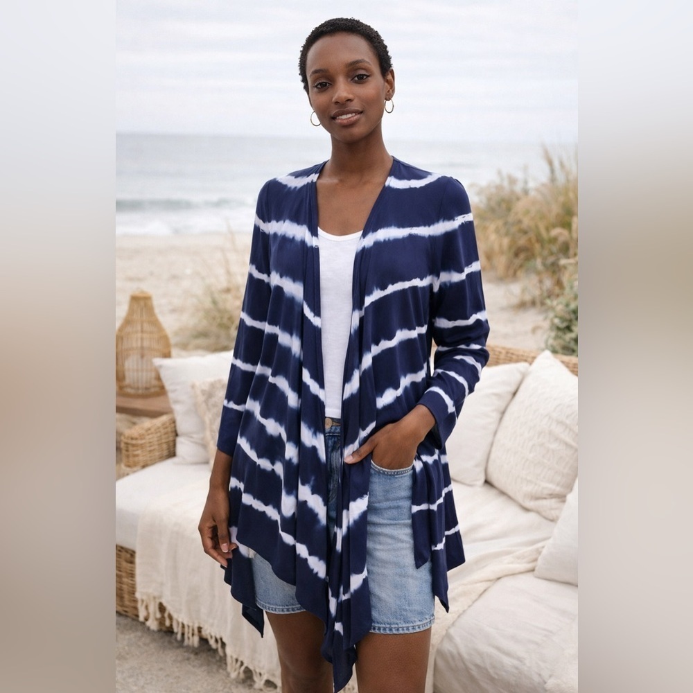 Soft Surroundings Womens Waterfall Cardigan Sz Medium Blue Tie Dye Boho Coastal